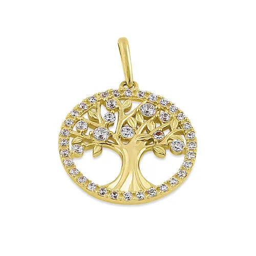 Solid 14K Yellow Gold Glitzy Tree of Life CZ Pendant