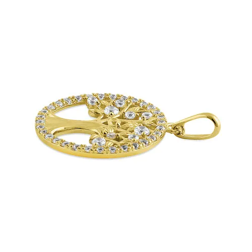Solid 14K Yellow Gold Glitzy Tree of Life CZ Pendant