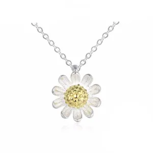 Solid 925 Sterling Silver Necklace for Women with Gold Color Sunflower Pendant