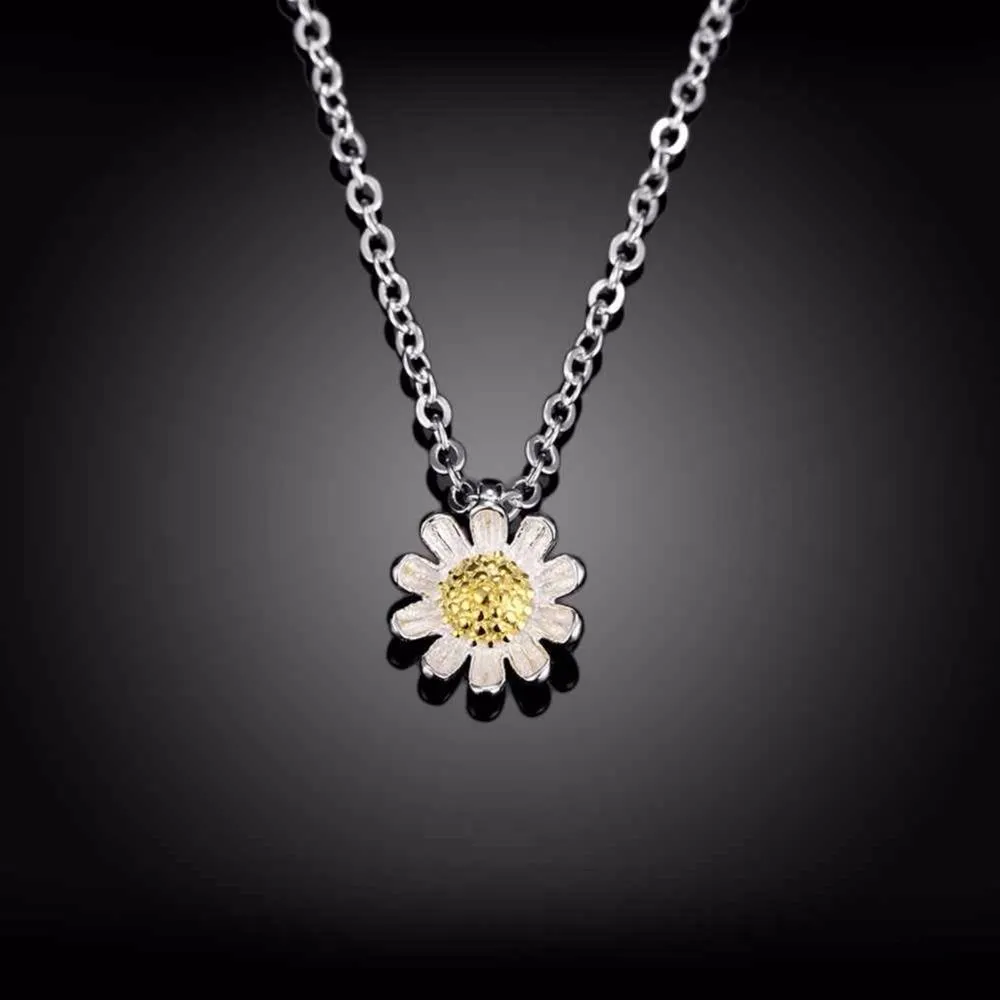 Solid 925 Sterling Silver Necklace for Women with Gold Color Sunflower Pendant