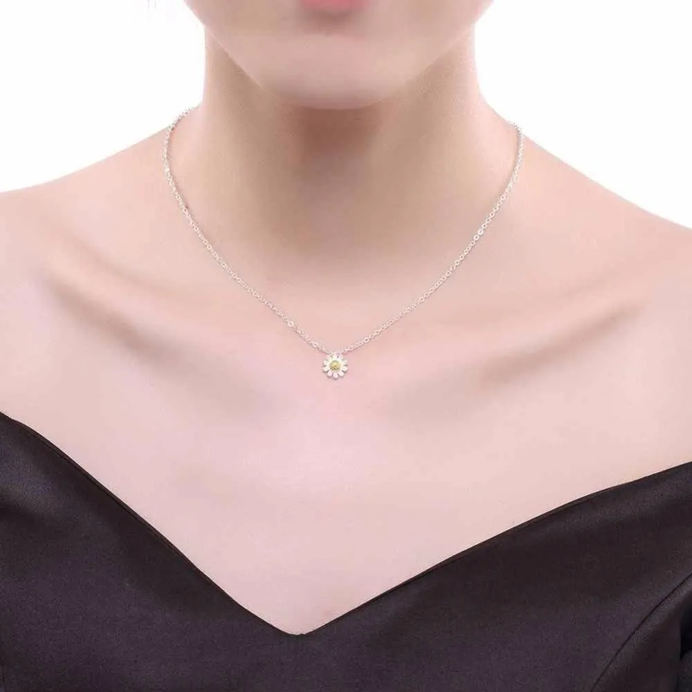 Solid 925 Sterling Silver Necklace for Women with Gold Color Sunflower Pendant