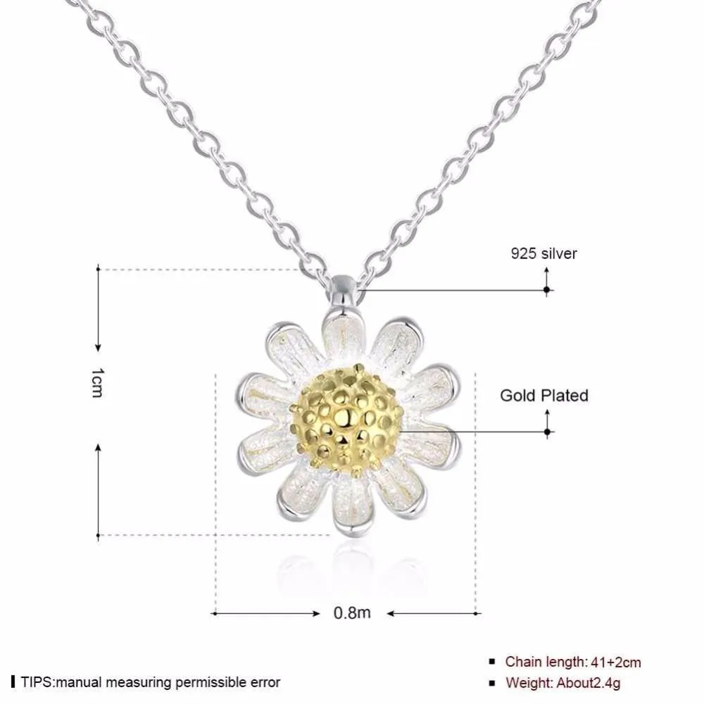 Solid 925 Sterling Silver Necklace for Women with Gold Color Sunflower Pendant