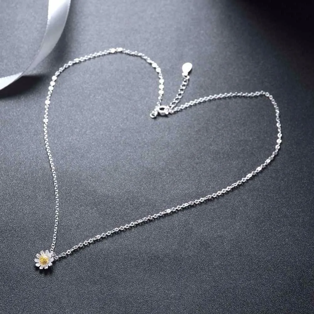 Solid 925 Sterling Silver Necklace for Women with Gold Color Sunflower Pendant