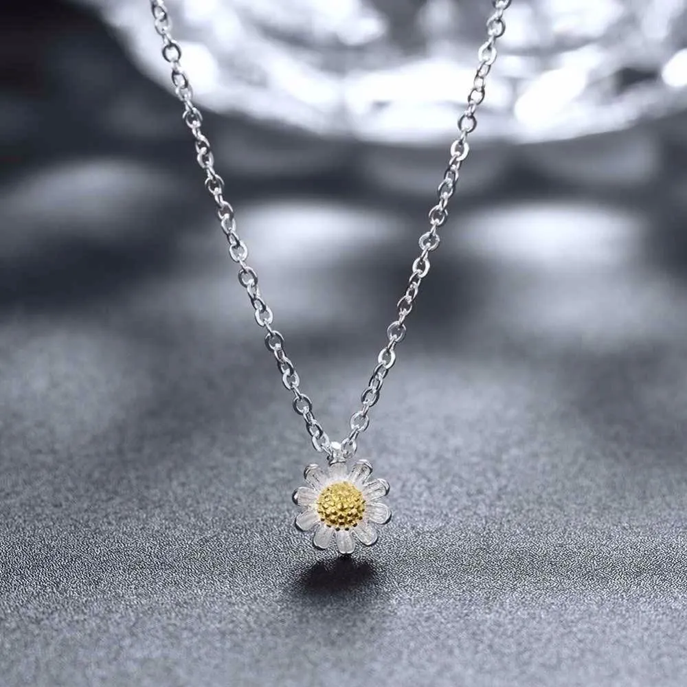 Solid 925 Sterling Silver Necklace for Women with Gold Color Sunflower Pendant