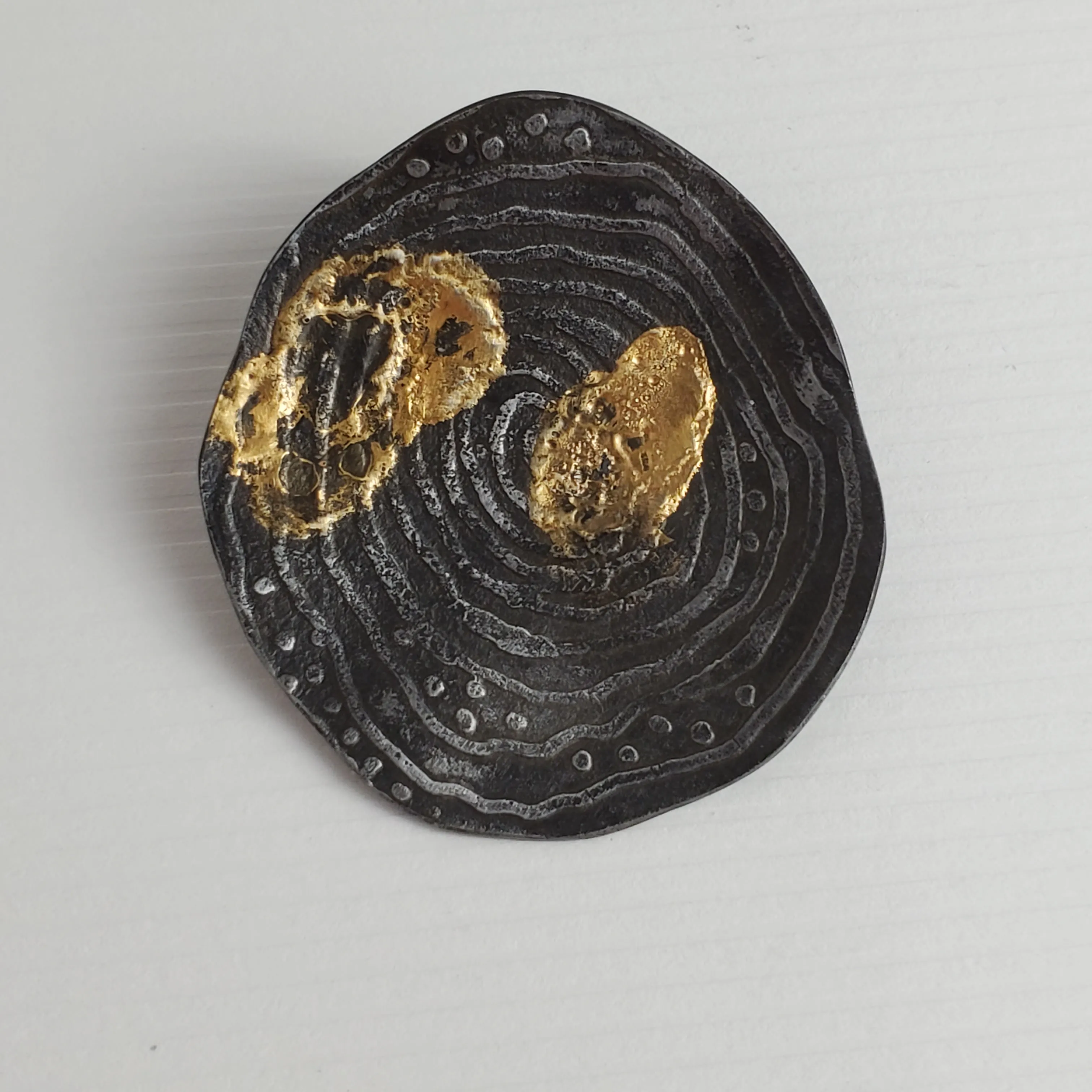 Steel and Gold.  Aemobic, Organic Etched Steel with 24 Karat Gold Brooch/Pin/Pendant, Fused Gold and Steel