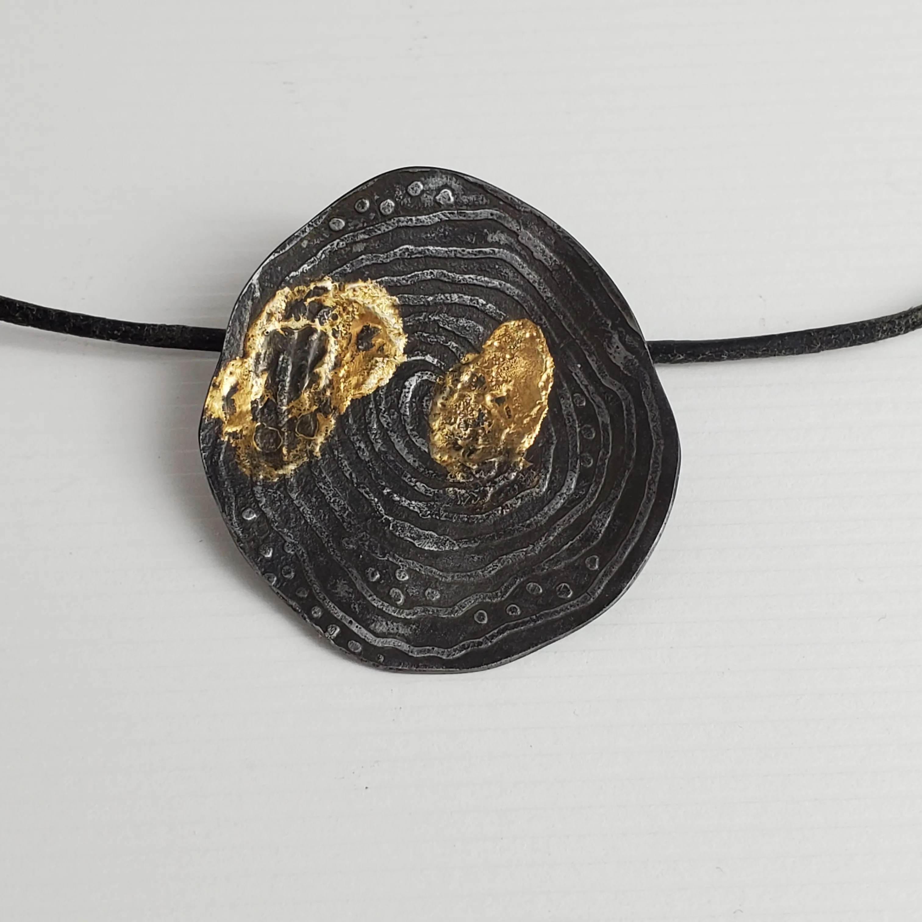 Steel and Gold.  Aemobic, Organic Etched Steel with 24 Karat Gold Brooch/Pin/Pendant, Fused Gold and Steel