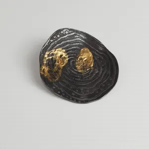 Steel and Gold.  Aemobic, Organic Etched Steel with 24 Karat Gold Brooch/Pin/Pendant, Fused Gold and Steel