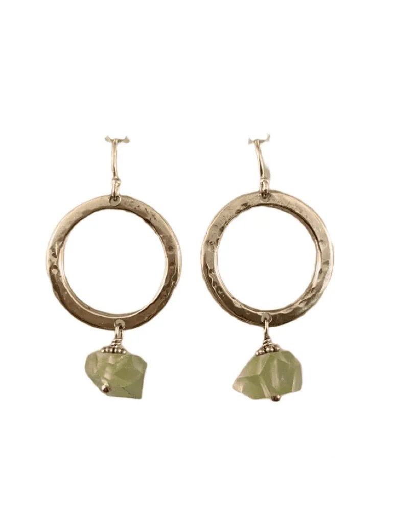 Sterling Hammered Circle Prehnite Nugget Earrings