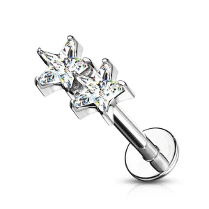 Surgical Steel Double Star White CZ Internally Threaded Flat Back Labret