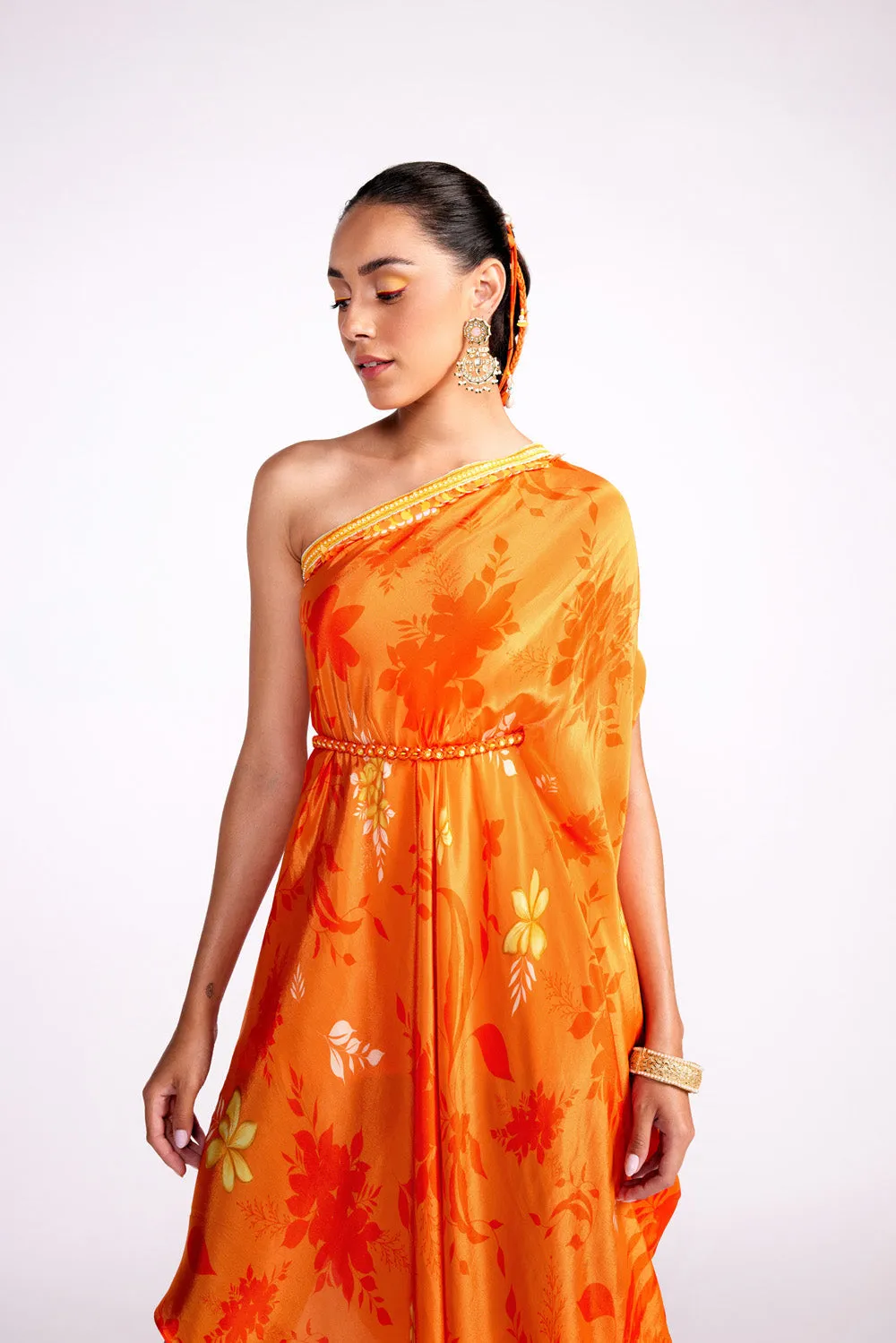Tangerine Orange One Shoulder Kaftan Dress