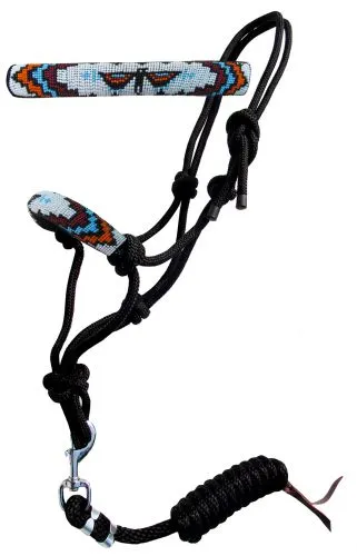 Teal, Red & Orange Beaded nose cowboy knot rope halter with 7' lead
