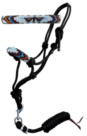 Teal, Red & Orange Beaded nose cowboy knot rope halter with 7' lead