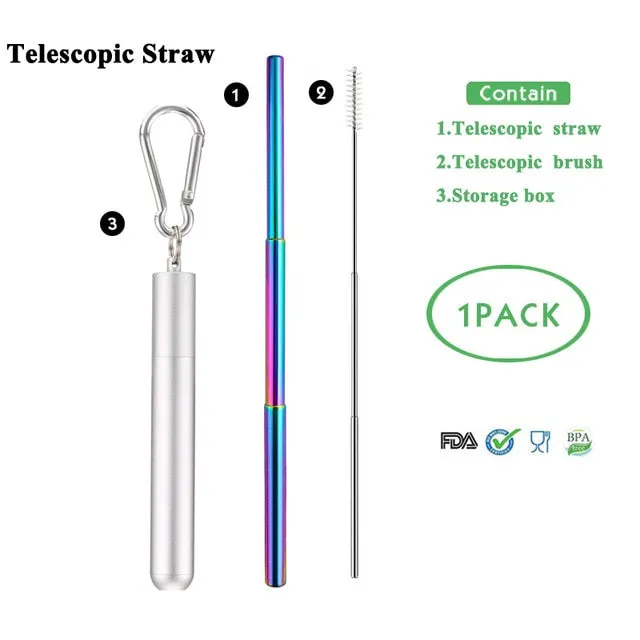 Telescopic Metal Drinking Straw Collapsible Reusable with Case and Brush