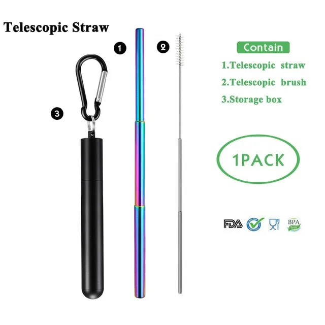Telescopic Metal Drinking Straw Collapsible Reusable with Case and Brush