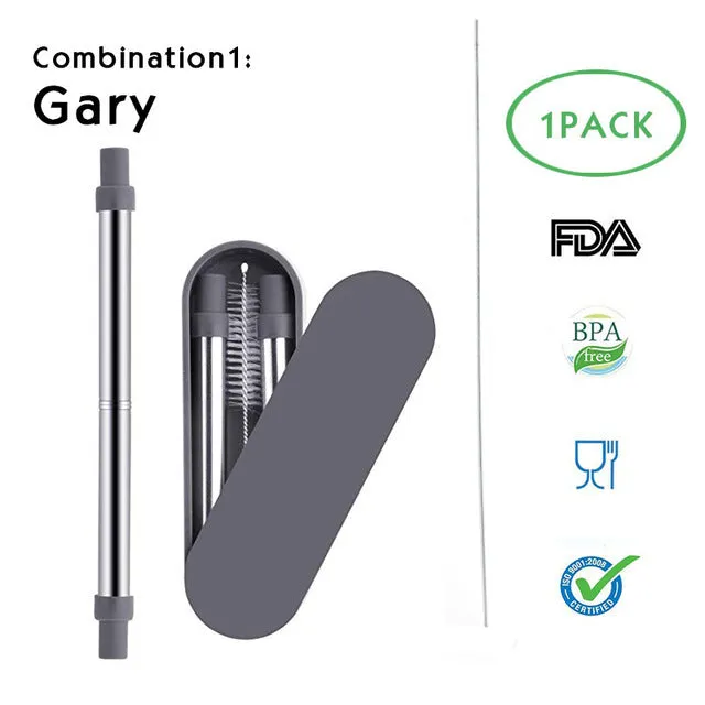 Telescopic Metal Drinking Straw Collapsible Reusable with Case and Brush