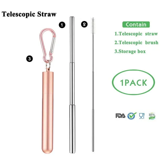 Telescopic Metal Drinking Straw Collapsible Reusable with Case and Brush