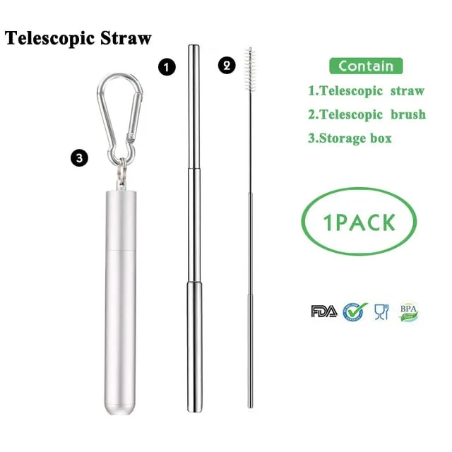Telescopic Metal Drinking Straw Collapsible Reusable with Case and Brush
