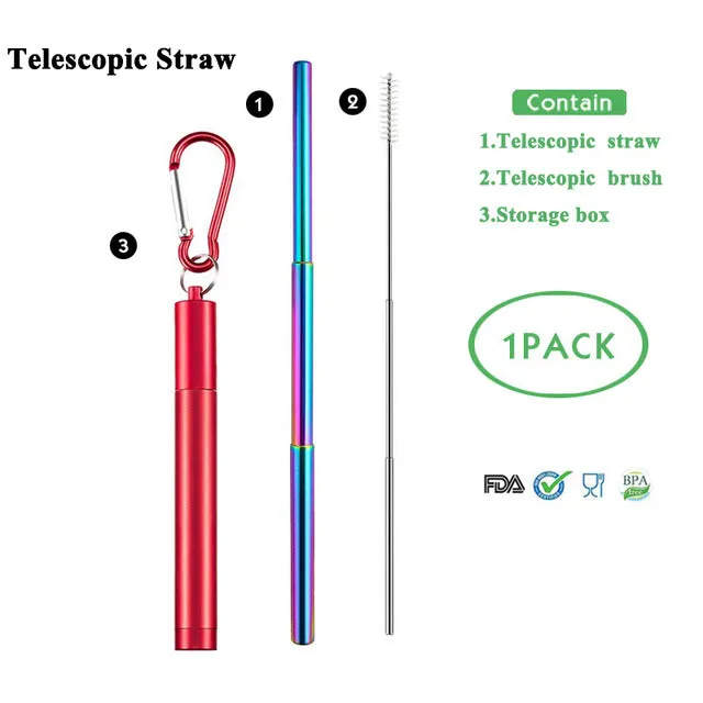 Telescopic Metal Drinking Straw Collapsible Reusable with Case and Brush