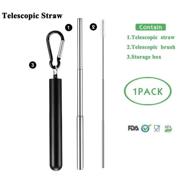 Telescopic Metal Drinking Straw Collapsible Reusable with Case and Brush
