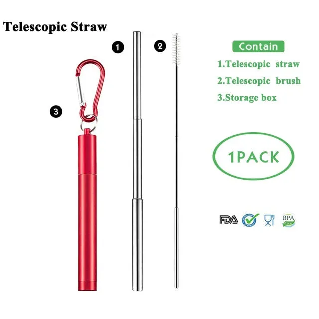 Telescopic Metal Drinking Straw Collapsible Reusable with Case and Brush