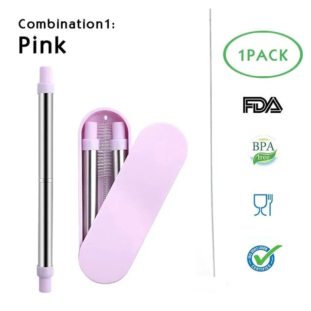Telescopic Metal Drinking Straw Collapsible Reusable with Case and Brush