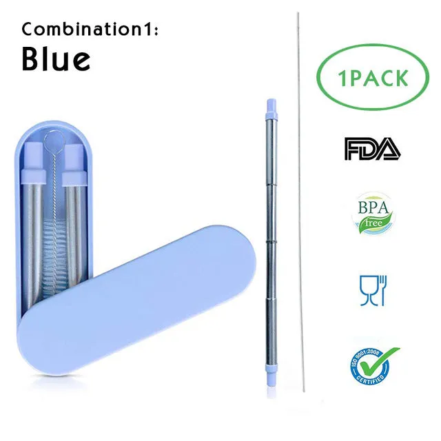 Telescopic Metal Drinking Straw Collapsible Reusable with Case and Brush