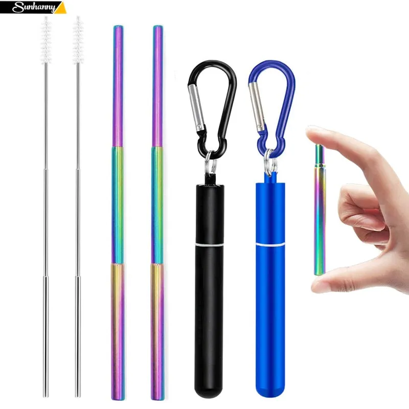 Telescopic Metal Drinking Straw Collapsible Reusable with Case and Brush