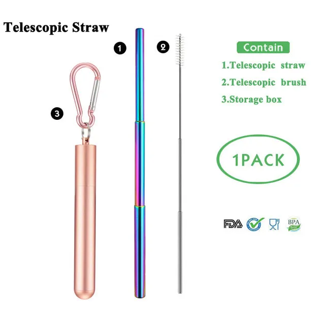Telescopic Metal Drinking Straw Collapsible Reusable with Case and Brush