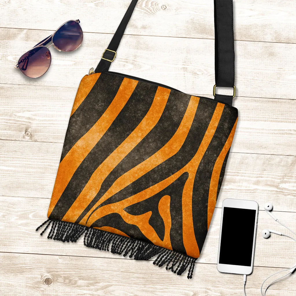 Tiger Striped Boho Bag With Fringe Crossbody Purse Straps
