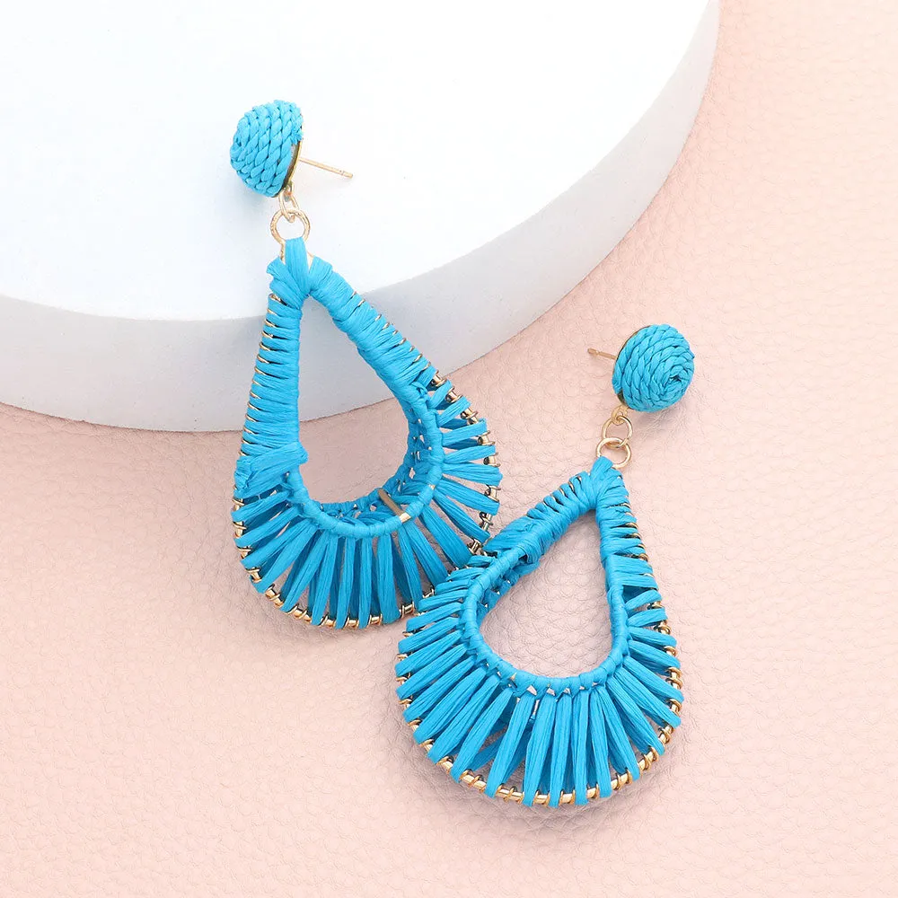 Turquoise Raffia Wrapped Open Teardrop Fun Fashion Earrings | Runway Earrings |  596002