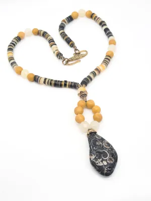 Turritella agate fossil Brown Pen shell Heishi beaded vintage pendant artisan necklace