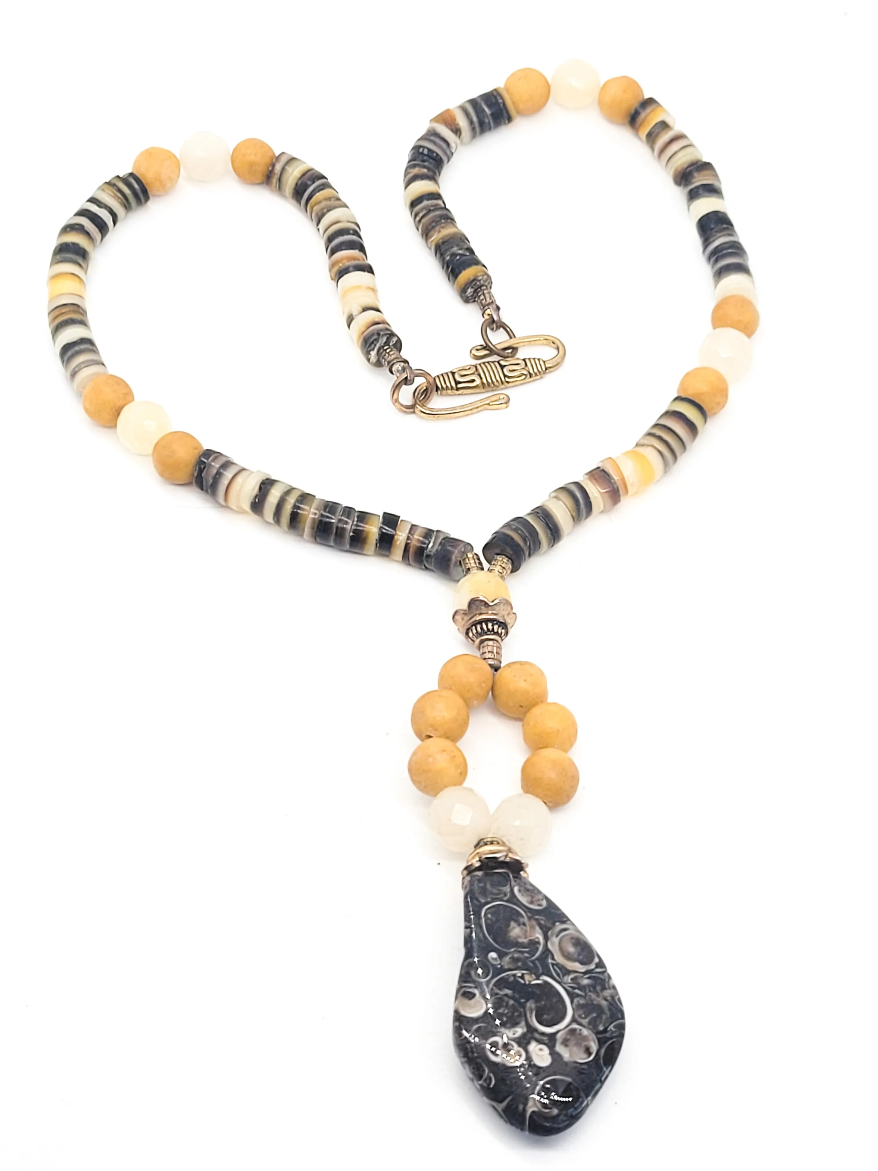 Turritella agate fossil Brown Pen shell Heishi beaded vintage pendant artisan necklace