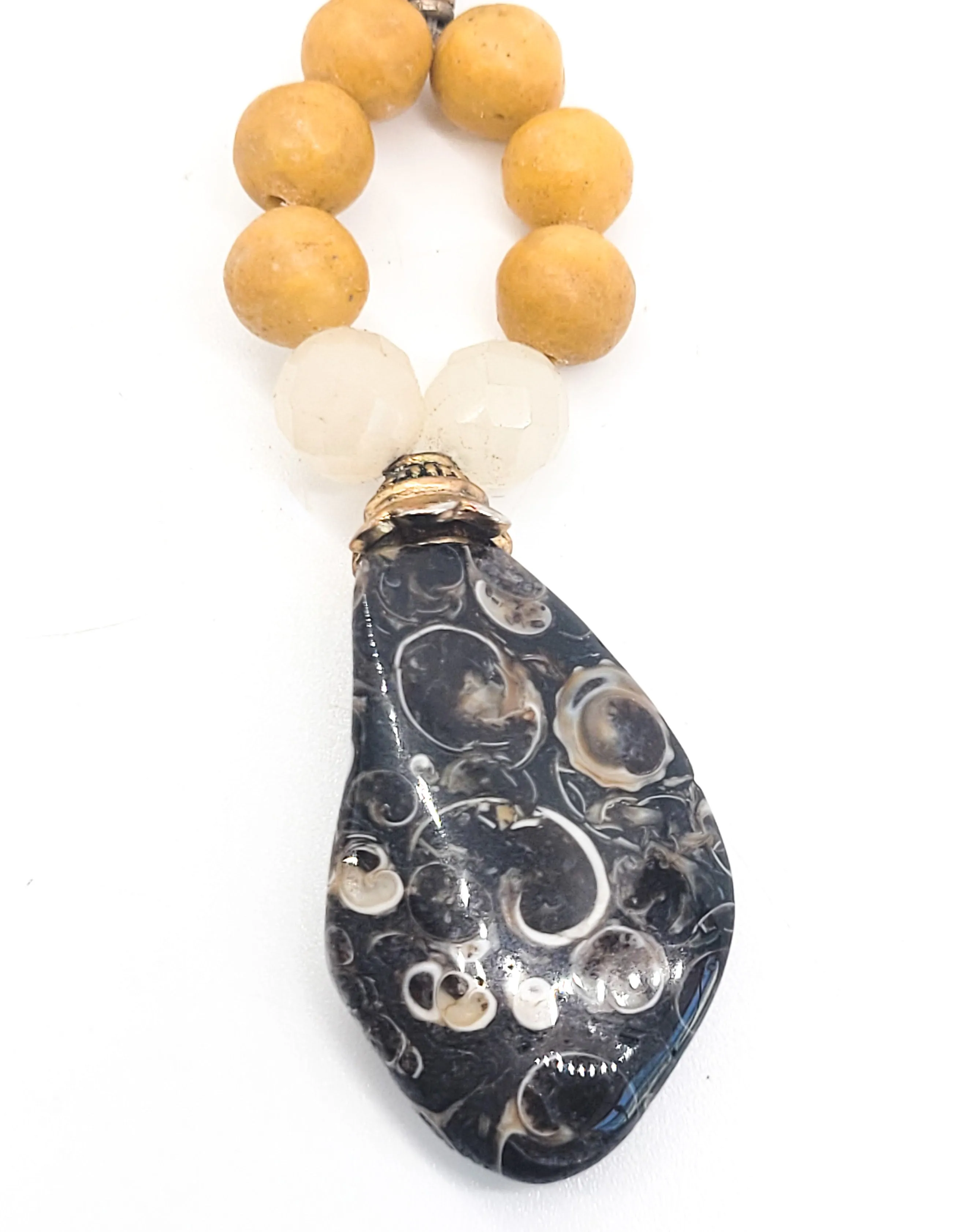 Turritella agate fossil Brown Pen shell Heishi beaded vintage pendant artisan necklace