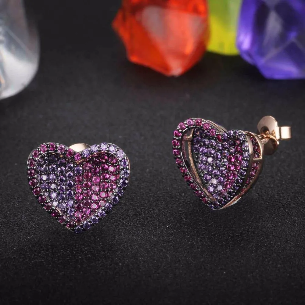 Unique 925 Silver Rose Red CZ Heart Stud Earrings for Women, Cute Designed Fashion Gift for Girlfriend
