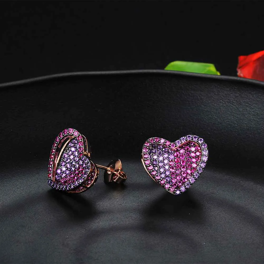 Unique 925 Silver Rose Red CZ Heart Stud Earrings for Women, Cute Designed Fashion Gift for Girlfriend