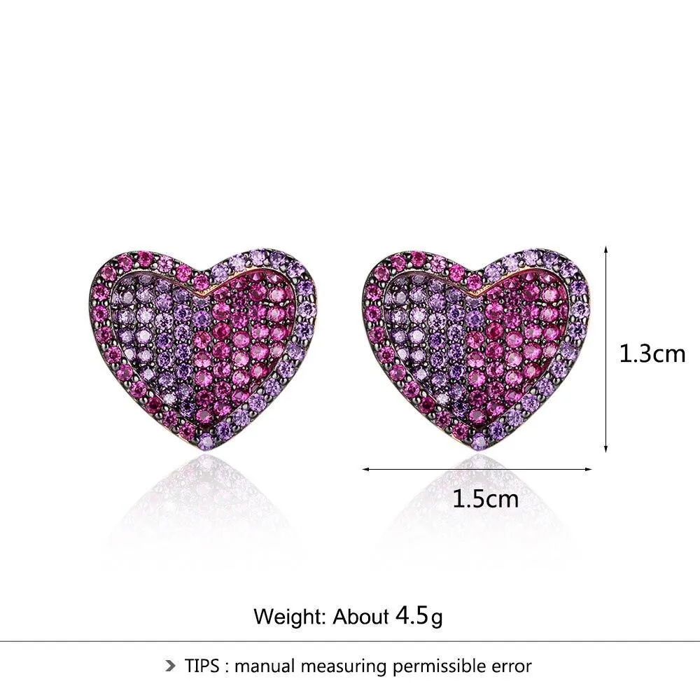 Unique 925 Silver Rose Red CZ Heart Stud Earrings for Women, Cute Designed Fashion Gift for Girlfriend