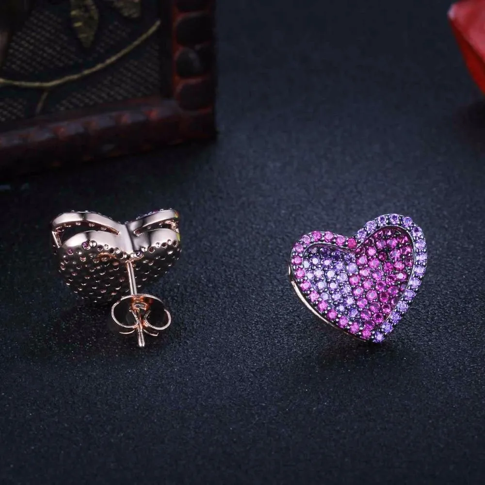 Unique 925 Silver Rose Red CZ Heart Stud Earrings for Women, Cute Designed Fashion Gift for Girlfriend