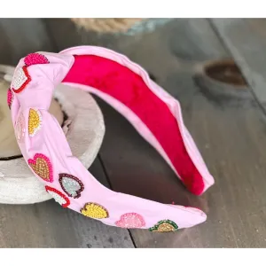 Valentine's Day Seed Beaded Conversation Hearts Top Knot Pink Headband