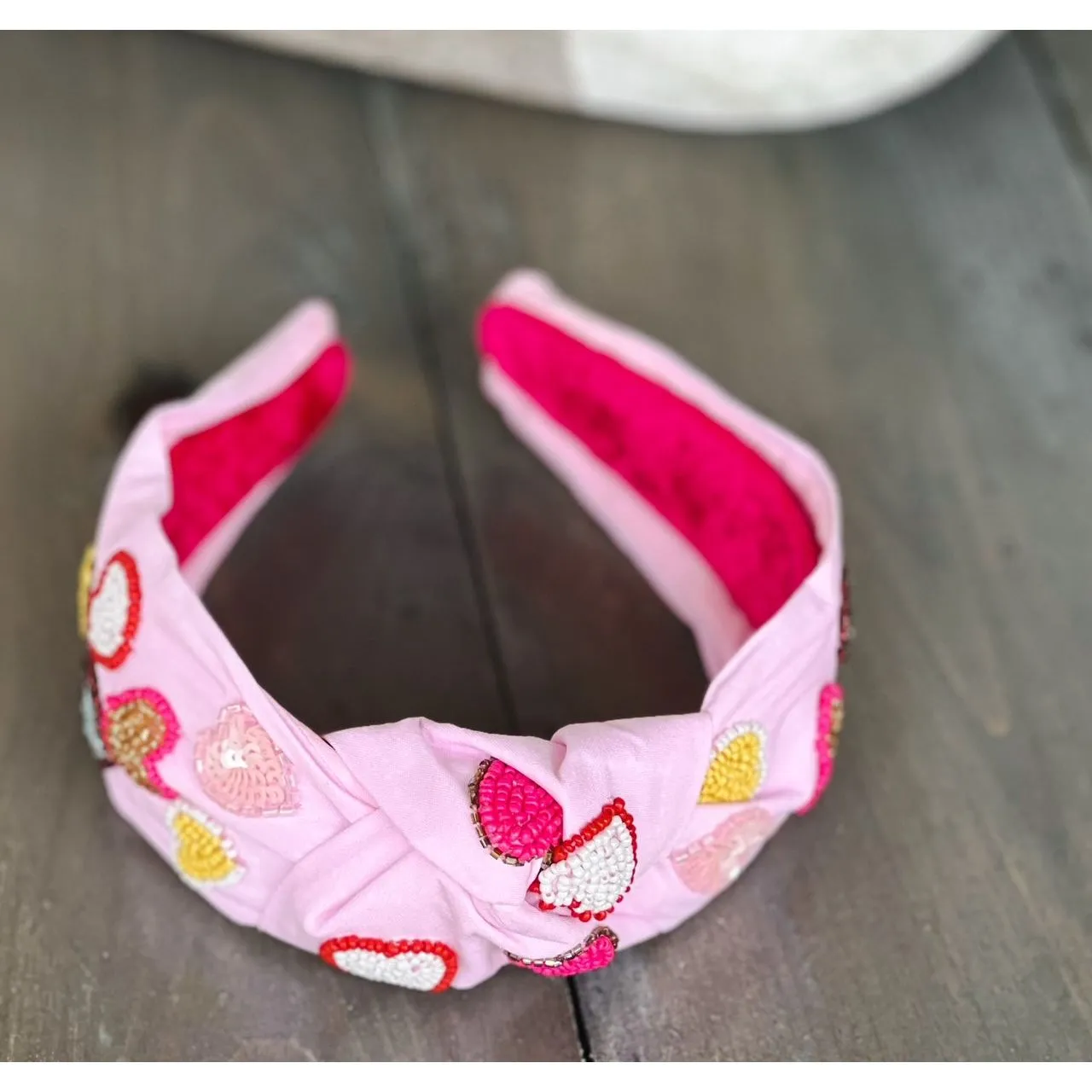 Valentine's Day Seed Beaded Conversation Hearts Top Knot Pink Headband
