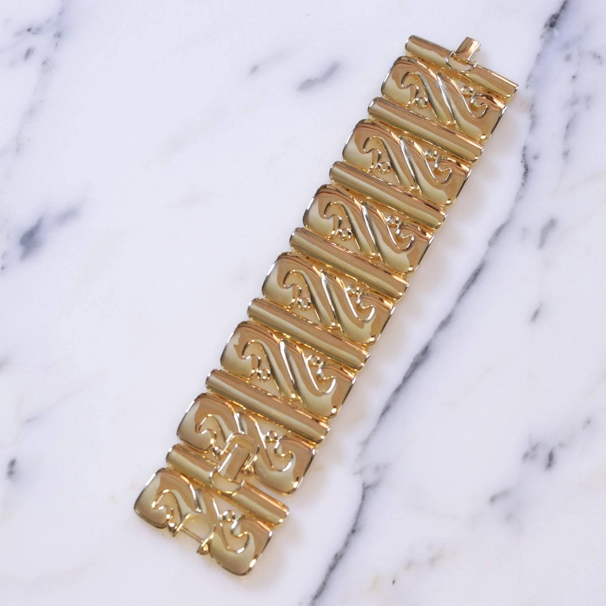 Vintage Kenneth Jay Lane Wide Panel Gold Scroll Bracelet