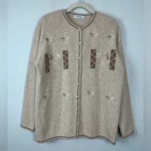 Vintage Prima Lambswool Angora Blend Tan Embroidered Embellished Cardigan