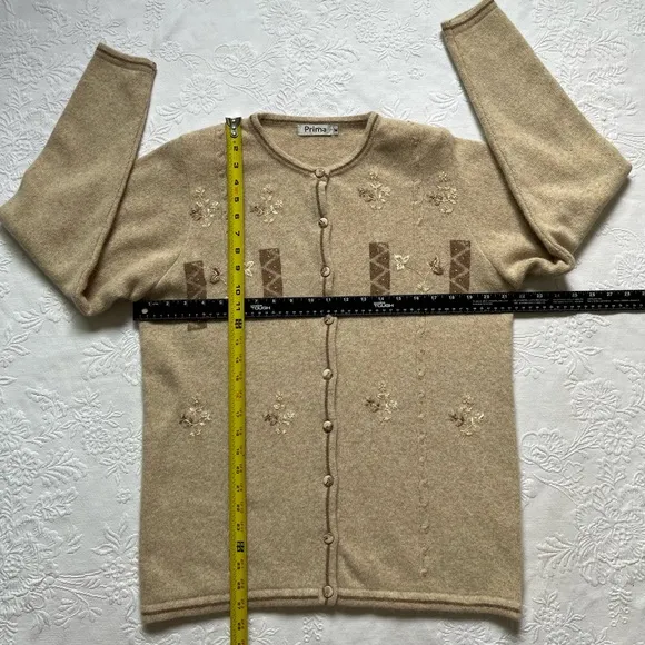 Vintage Prima Lambswool Angora Blend Tan Embroidered Embellished Cardigan