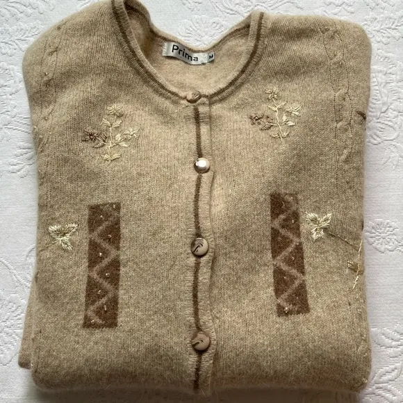 Vintage Prima Lambswool Angora Blend Tan Embroidered Embellished Cardigan
