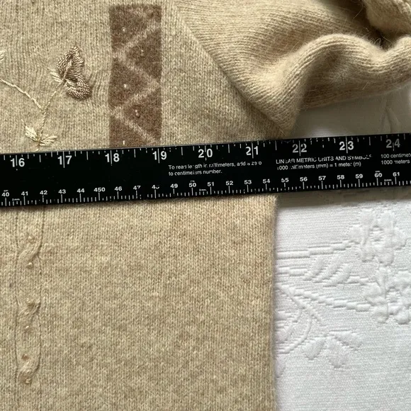 Vintage Prima Lambswool Angora Blend Tan Embroidered Embellished Cardigan