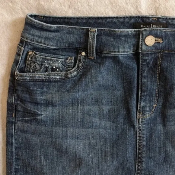 WHBM Jean Skirt Silver Studs &amp; Crystals Embellished Embroidered Pockets Denim 8