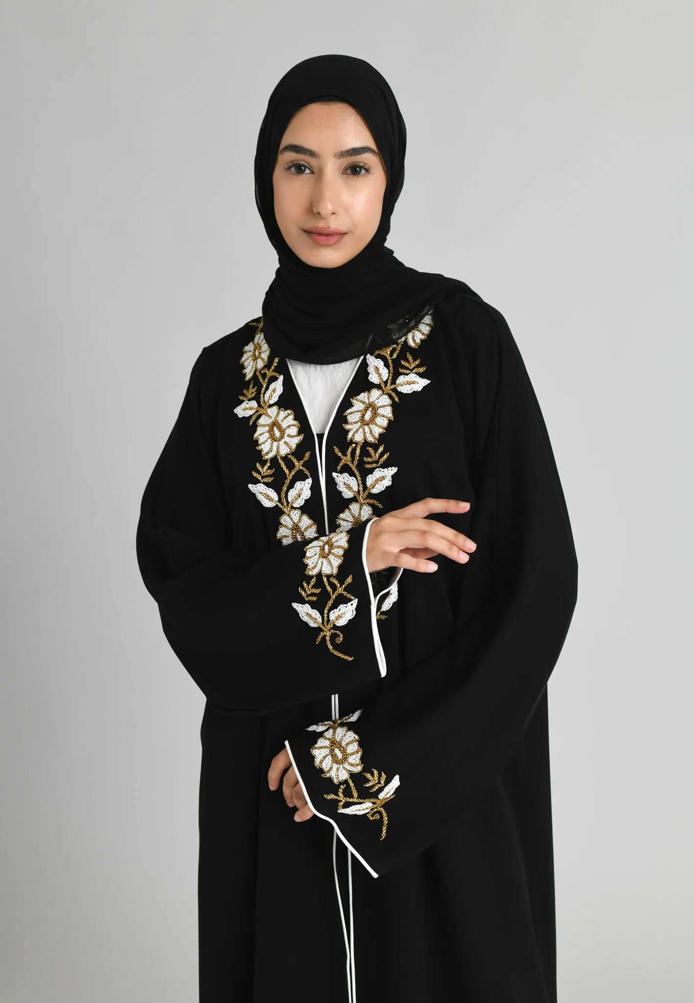 White & Gold Floral Open Embellished Abaya
