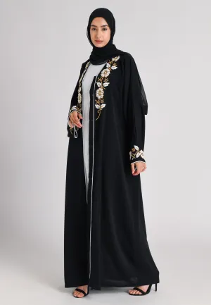 White & Gold Floral Open Embellished Abaya