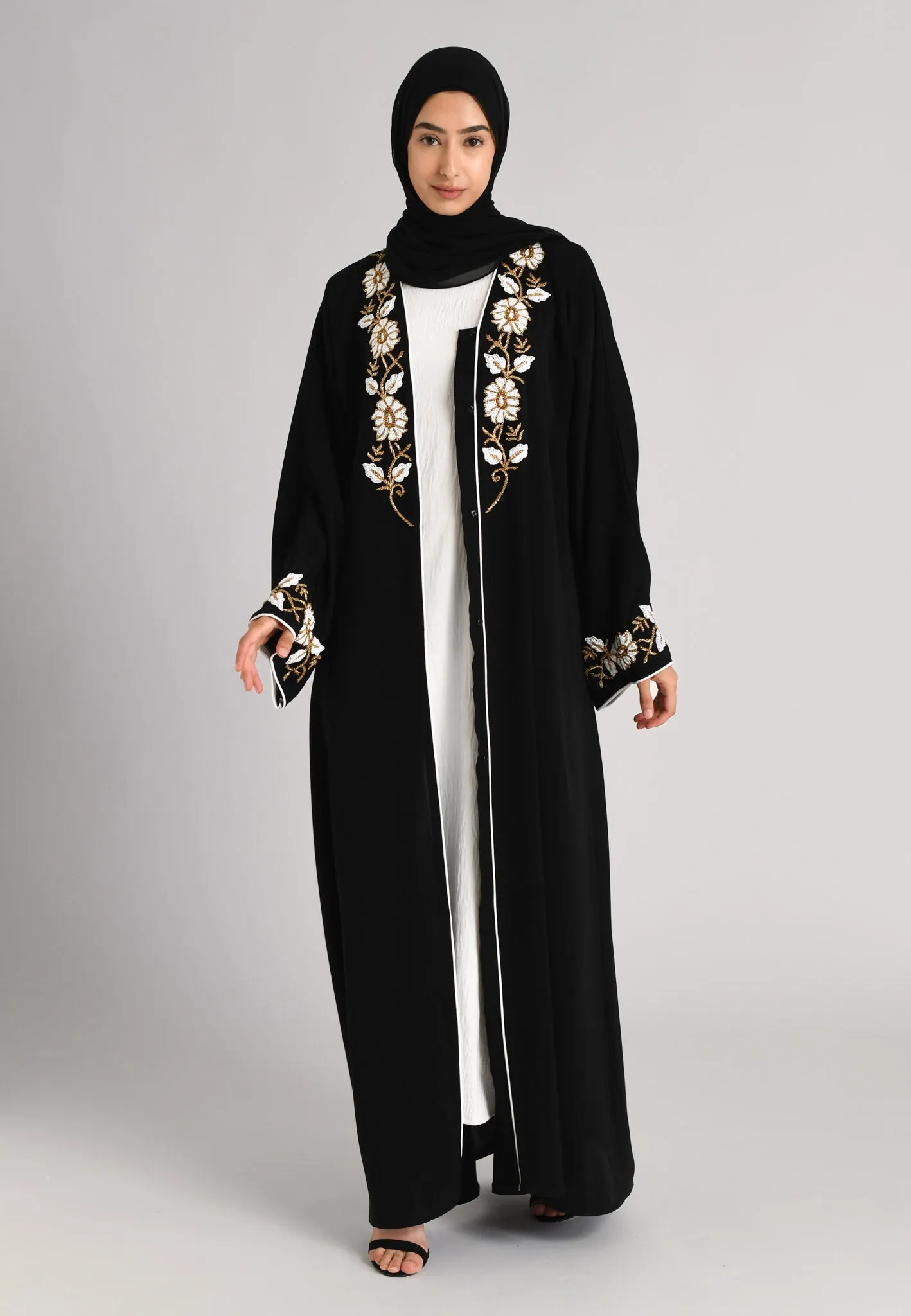 White & Gold Floral Open Embellished Abaya