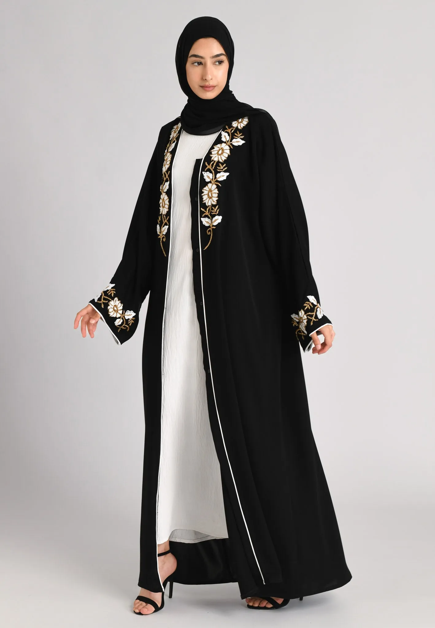 White & Gold Floral Open Embellished Abaya
