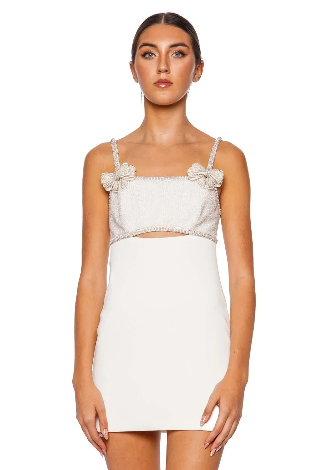 White Crepe Pearl Bow Mini Dress